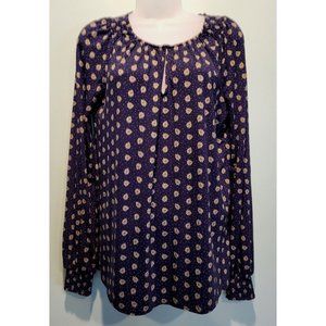 Boden Long Sleeve Navy Blue Yellow Print Keyhole Round Neck Top Sz 6
